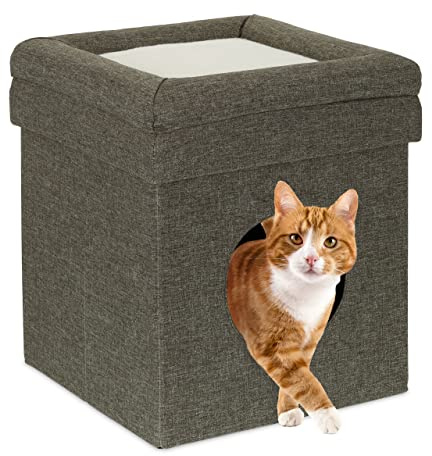 Relaxdays Cama Cueva Gato con Taburete, Casa Gatito o Perro, 2 Pisos, Reposapiés Sofá, Plegable, 44 x 38 x 38 cm, Gris