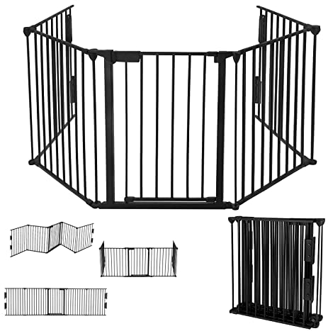 YRHome Faltbar Kaminschutzgitter Metall mit Tür Absperrgitter Ofenschutzgitter 300cm Gesamtlänge | 75cm Höhe Konfigurationsgitter Baby Türschutzgitter Schwarz inkl. 5 Elementen für Kinder-Sicherung