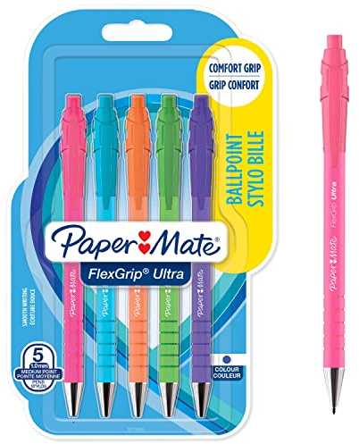 Paper Mate Flexgrip Ultra Bright Ballpoint Pens | Medium Point (1.0mm) | Blue Ink | Bright Barrels | 5 Count