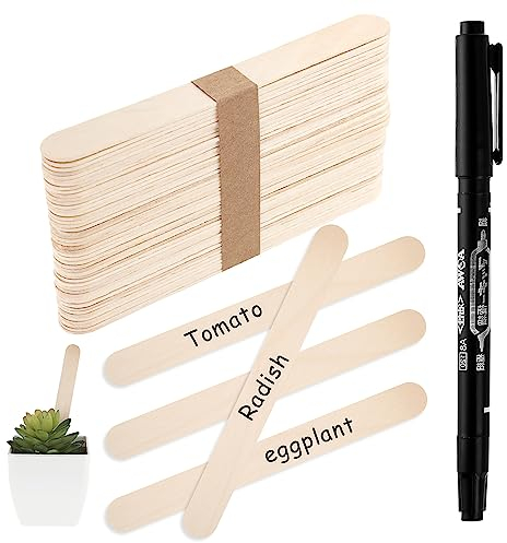 50 Stück umweltfreundliche Holzpflanzenetiketten für Outdoor-Pflanzen, natürliches Holz, Gartenpflanzenmarker und Etiketten, Schild mit Stift, wiederverwendbare Pflanzennamensetiketten (15 x 2 cm)