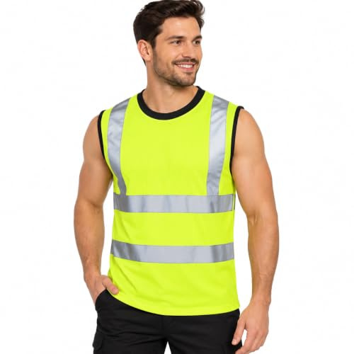 Generation-Plus+ Hi Vis Sleeveless Safety Vest Reflective Tape Tank Top | Hi Vis Vest, Round Neck Mesh Design, Breathable Tank Top, Security & Utility Use, High Visibility Vest, Sizes S-XXL