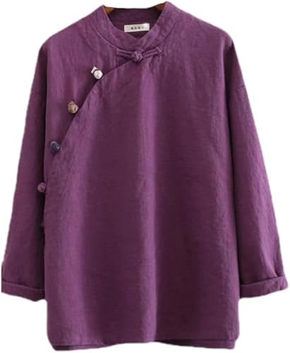 Kkaebi Blusa de ramio chino para mujer, camisa Hanfu de algodón y lino, ropa tradicional, traje de meditación con manga larga, túnica retro, traje de meditación, Morado (, M