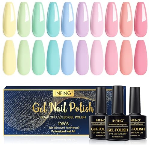 INPING Smalto Semipermanente per Unghie Pastello, 10 Colori Macaron Rosa Viola Rosso Chiaro Pastello, Semipermanente Unghie Kit Soak Off UV/LED per Femminile DIY Nail Art