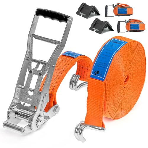 INTAKO Cinghia di Ancoraggio con Cricchetto Lungo - 8m x 5000kg x 50mm - Set di 2 Cinghie di Fissaggio Professionali e 2 Angolari di Protezione per Camion ERGO