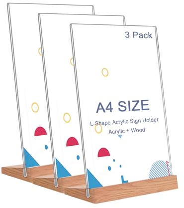 3 Stück Acryl Aufsteller A4 ,Tischaufsteller A4 mit Holz Sockelboden,Plakatständer kann Aufsteller Poster, Flyer, Speisekarten, L- Ständer für Werbeaufsteller,Restaurant,Theke (A4-Vertikaler-klar)