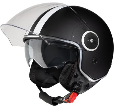 VINZ Arenas Casque Jet avec Visière Solaire et Visière | Casque de Scooter Moto / Vintage avec des Rayures | Certifié ECE 22.06 | Tailles XS-XXL - Noir Mat