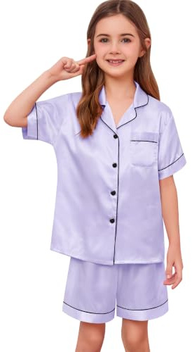 SWOMOG Girls Silk Pyjamas Short Sleeve Sleepwear Kids 2Pcs Satin Button-Down PJ Sets Nightwear