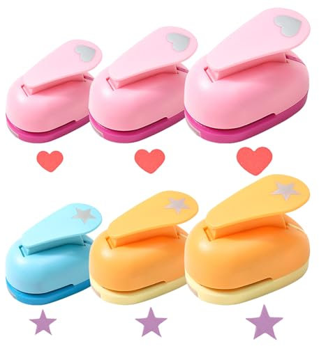 Sporgo 6 Stück Papierstanzer Set: Herzförmig und Stern Stanzer, 3 Größen Papierstanzer Motivlocher Stanzer Set, Motivstanzer, für DIY, Scrapbooking, Fotoalben, Basteln, Grußkarten (10mm 15mm 25mm)