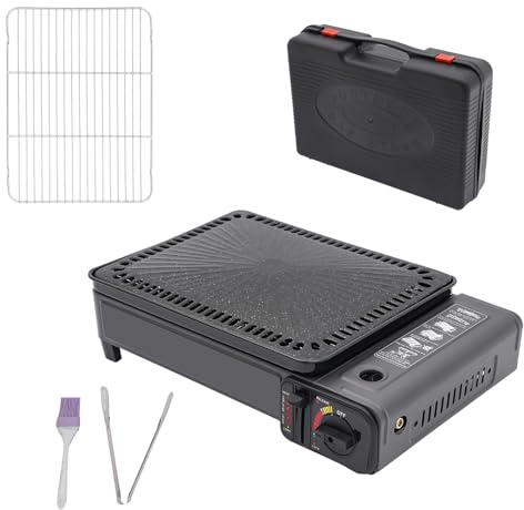 Butangas Campinggasgrill, liten gasgrill med grillnät, bakplåt, pensel, matklämma och bärfodral, camping grillset, campingkök, gas, bärbar campinggrill, bordsgrill