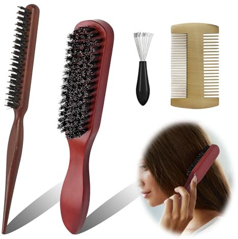 3 Stück Wildschweinborsten Bürste - Weiche Bristle Brush, Teasing Hair Brush, Boar Bristle Hair Brush, Rot-braun Tail Comb mit Bürste Reinigungsklaue, Bartkamm ´Barba` für Langes Dickes Lockiges