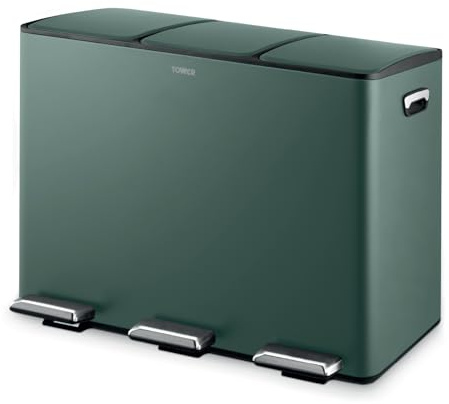 Tower ​​Recycling Pedal Bin, Three 15L Compartments with Removable Inner Buckets, Carbon Steel Body, 45L, Forest Green​