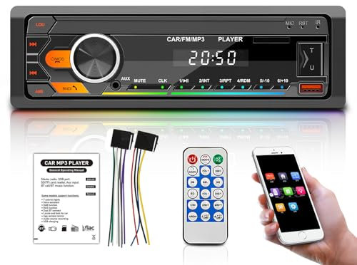 Single Din Car Stereo with Bluetooth 5.0 Hands Free Calling Voice Control, 7 Colors FM car radio with 2USB/AUX/SD/MP3 Player Remote Control, Car Audio System Car Stereo Receiver, Supports iOS/Android
