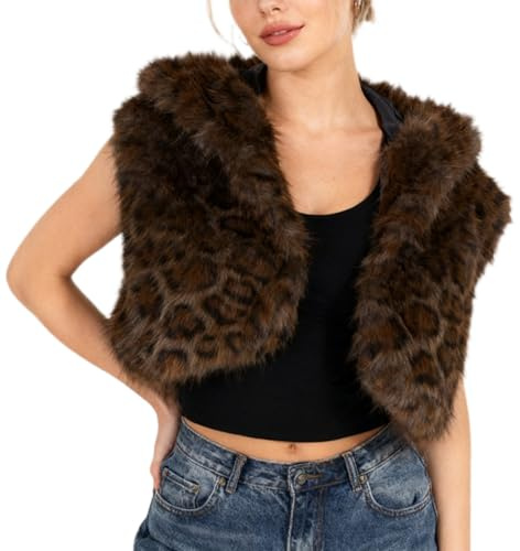 Amazhiyu Gilet da donna in finta pelliccia, senza maniche, bolero in finta pelliccia, aperto sul davanti, cardigan con cappuccio, Marrone, L
