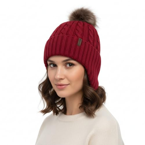 Comhats merino ull fleece fodrad öronflik varm pompom mode kallt väder beanie kvinnor, röd, M
