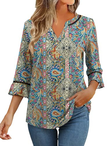 Kistore Tops for Women UK 3/4 Sleeve Blouses Loose V Neck Tunics Print M