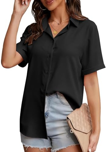 ADUDVLO Women's Short Sleeve Blouses Shirts Stretch Fitted Formal Button Down Shirts Business Work Blouse Summer Casual Tops for Ladi (UK, Alpha, XL, Regular, Regular, Black)