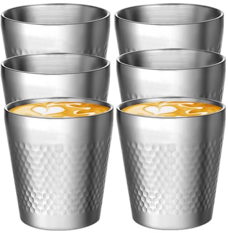 Mugg i rostfritt stål, 6 stycken 300 ml snapsglas i rostfritt stål, stapelbara dubbelväggiga metalldrickskoppar, hammarmönster campingkoppar för hem, resor, restauranger, diskmaskinssäker (silver)