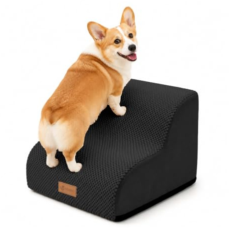 vounot® Escalier pour Chien et Chat à 2 Marches en Mousse Haute Densité Antidérapante Déhoussable Lavable Rampe pour Chien Accès Canapé Lit pour Animaux Âgés ou Blessés avec Poignée Noir