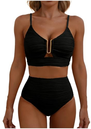 Znwerma Womens High Waisted Bikini Sets Two Piece Tummy Control Swimsuits Halter Neck Push Up Swimwear V Neck Padded Bikinis with Shorts Hollow Out Ruched Beach Bathing Suits