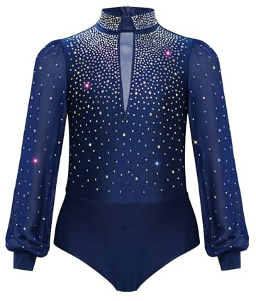 ACSUSS Kids Boys Ballet Gymnastics Leotard Modern Latin Dance Outfit Long Sleeve Shiny Figure Ice Skating Bodysuit Navy Blue 6