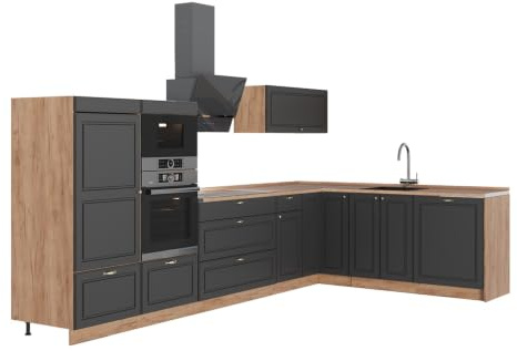 Vicco Hörnkök Fame-Line, Herrgård i antracitguld/Goldkraft ek, 347 x 207 cm, AP Oak, för individuell expansion med kompatibla moduler