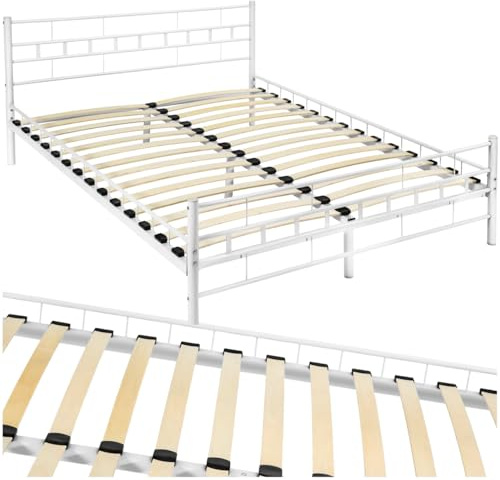 tectake® Cama Matrimonio Estructura de Acero Robusto con Somier de Láminas de Madera, Muebles de Dormitorio, Cama Completa, Resistente, Fácil de Limpiar, Base de Cama - 140 x 200 x 76 cm Blanco