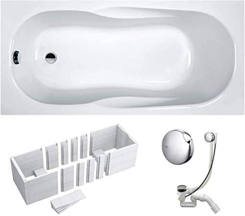 VBChome Badewanne 150x70x41 cm Acryl SET Rechteckwanne, Styroporträger, Siphon, Ablaufgarnitur Chrom, Modernes Design, Weiß, Antibakterielle Oberfläche Robustes Material Wärmedämmung Einfache Montage