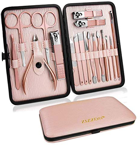 ZIZZON Set manicure 18 in 1 Set professionale per pedicure Forbici per unghie Kit per toelettatura con custodia da viaggio in pelle Rosa