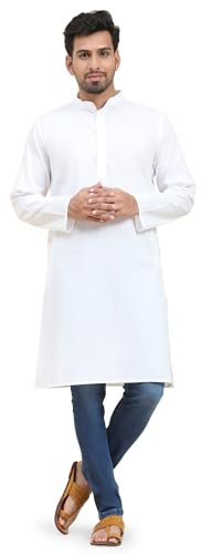 SKAVIJ Kurta Camicia - Camicia Tunica Casuale Cotone - Uomini Bianco_Medium