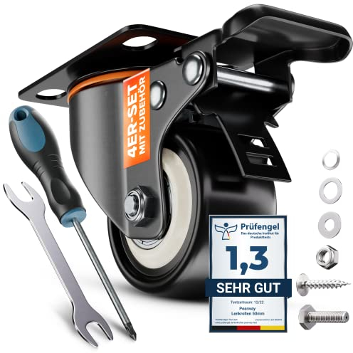 PEARWAY™ Ruedas giratorias premium de 50 mm con freno [4 x hasta 320 kg] Ruedas para muebles I Ruedas para muebles I Ruedas giratorias I Ruedas de transporte I Ruedas de carga pesada I Ruedas fijas I