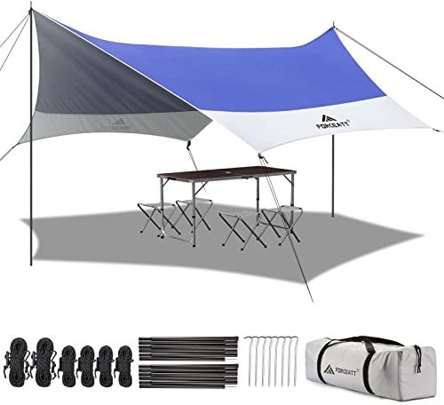 Forceatt 3.7 x 4.3m Toldo de Refugio con 2 Postes, Toldo Impermeable Anti-UV para Acampar en el Automóvil (UPF50+), Tarp Usar con Tienda y la Hamaca en Caminatas, Mochileros, Jardines y Viajes