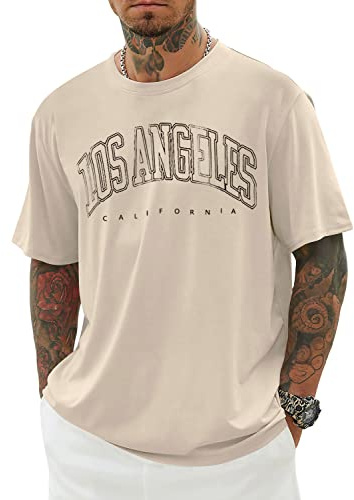 Minetom Oversized Tshirt Herren Rundhals Kurzarm Lose Sommer Oberteile Mode T-Shirt mit Los Angeles Grafik Kreativen Buchstaben Vintage Drucken Streetwear Sport Casual Lang Tops A Aprikose S