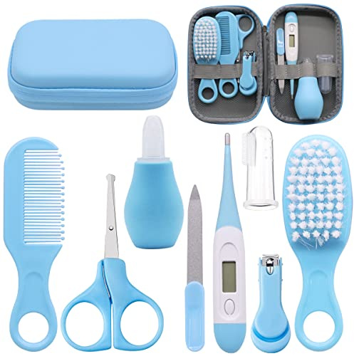 UptVin 8 Pezzi Kit per la Cura del Neonato, Set per la Cura del Bambino, con Spazzolini da denti,Tagliaunghie, Accessorio per la Cura del Bambino per Viaggi e Casa Ragazzo Ragazza (blu)