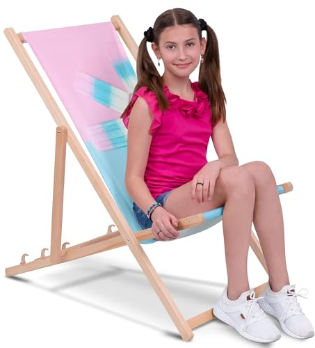 DreamRoots Chaise Longue Enfant en Bois de Hêtre, Chilienne Enfant Pliable, Transat Extérieur Jardin, Plage, Tissu Lavable Polyester 220 g/m², Charge Max 130 kg