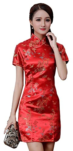 Cheongsam - Vestido Qipao para Mujer, Ajustado, Manga Corta, Cuello mandarín, Abertura Lateral, Estampado Floral Chino, Vestido de dragón, Rojo (Red Dragon), S