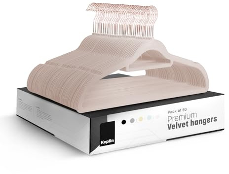 KEPLIN Adult Size Velvet Hangers, Non-Slip & Tie Bar - Blush Pink, 50 Pack | 360° swivel hook, holds up to 4.5kg, space-saving, non-slip velvet, ideal for suits, jackets & coats