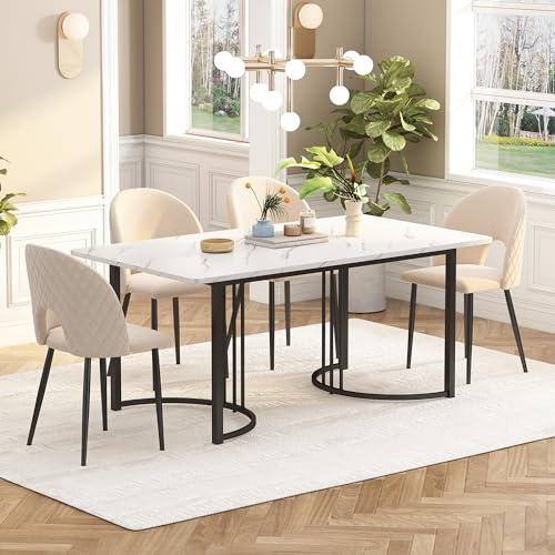 ModernLuxe Dining Table in Marble Pattern, Metal Frame Rectangular Kitchen Table with Adjustable Feet for Dining Room Living Room, 140x80cm, White Desktop & Black Legs, 1PC