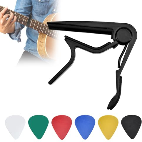 VCRANONR Guitar Capo for Acoustic and Electric Guitar Quick Release Capotastos Aluminum Alloy Capo Guitars Clip Quick-Change Capoes Clamp with 6 Picks for Guitars Ukulele Bass Banjo (Black)