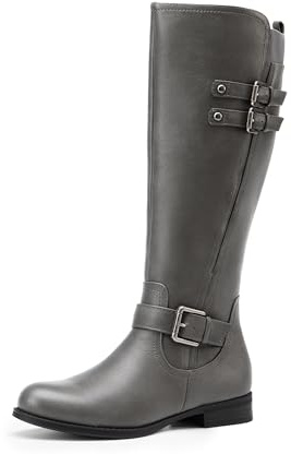 DREAM PAIRS Women's Knee High Riding Pirate Boots, Comfortable Low Chunky Heel Flat Motorcycle Buckle Boots for Women,Size 6,Grey,SDKB2413W