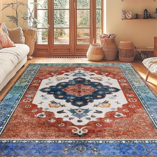 BSGIFT Teppich 120x160 Waschbarer Teppich Schlafzimmer Boho Kurzflor Vintage Wohnzimmerteppich Groß Rug rutschfest für Esszimmer Wohnzimmer Küche, Orientalischer Teppiche Rot