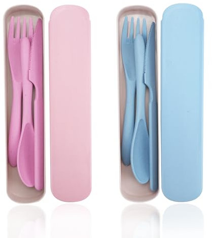 DIYJEP Posate da Viaggio Con Custodia, 2 Set di Posate di Plastica Portatili, Riutilizzabile da Campeggio Coltelli Cucchiaio Forchetta Posate per Adulti e Bambini in Viaggio ufficio scuola (Rosa+Blu)