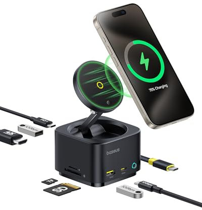 Baseus 7 in 1 Ladestation Magsafe USB C Dockingstation Hub, Qi2 15W Wireless Charger mit 4K@60Hz HDMI, 100W PD, 10Gbps USB, SD-Kartenleser Kompatibel mit iPhone 16/15/Mac/Dell/HP/Surface