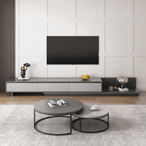 LumivoxNest Extendable TV Unit with 3 Drawers, Adjustable Length 200-330cm (78.7-130) Floating media unit, Walnut TV Stand for 65 Inch TVs, Space-Saving Grey Media Unit for Living Room & Bedroom