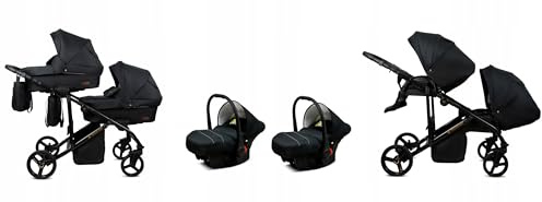 BabyLux® Kinderwagen Set 3 in 1 für Zwillinge - Trailux Duo - Onyx - incl. Babywanne, Buggy Sportsitz, Auto-Babyschale - Autositz - Geschwisterwagen Zwillingskinderwagen mit Wickeltasche