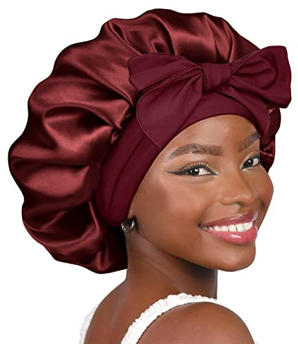 YANIBEST Bonnet de nuit en soie pour femme, double couche, avec doublure en satin, avec nœud pour cheveux bouclés