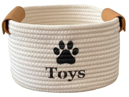 JOAASU Dog Toy Basket, Cotton Rope Organizer Box with Handles, Woven Storage Basket for Shelf, Dog Toy Storage Bin for Pet Toys, Blankets, Leashes, 33 x 23 x 19 cm, White