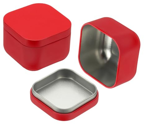 QUARKZMAN 2 Latas Cuadradas De Metal Con Tapa, 2.2 X 2.2 X 1.7 Pequeñas Latas Para Almacenar Té, Galletas, Dulces, Café, Especias, Velas, Regalos, DIY, Viaje, Color Rojo