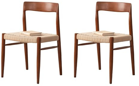 YESWOOD Chaise de Salle à Manger en Hêtre Massif avec Assise en Corde Tressée, Style Vintage, Dossier Incurvé Ergonomique, Structure Renforcée, Livré Monté, 47 x 47 x 78,5 cm, Marron
