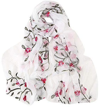 Générique Chouchou Soie Cheveux Naturelle Headband hijabs foulard musulman broderie Hijab châles femmes Wrap chiffon foulard foulard Écharpe Anniversaire Fille 8 Ans (White, One Size)