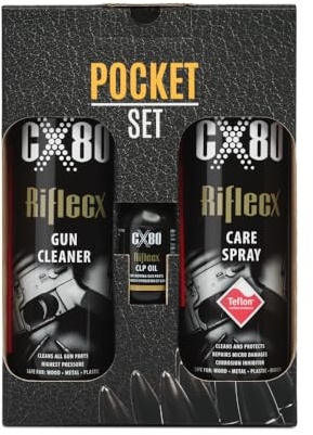 RifleCX - Set compatto per la pulizia delle armi da fuoco - Set di 3 pezzi per la cura delle armi - con spray detergente, prodotto per la manutenzione e olio per armi -per la caccia e il tiro sportivo